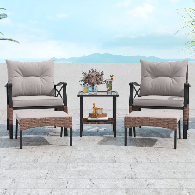 5 Pieces Wicker Patio Furniture Set Ottomans and Cushions and 2-Tier Tempered Glass Side Table - Gallery View 6 of 10